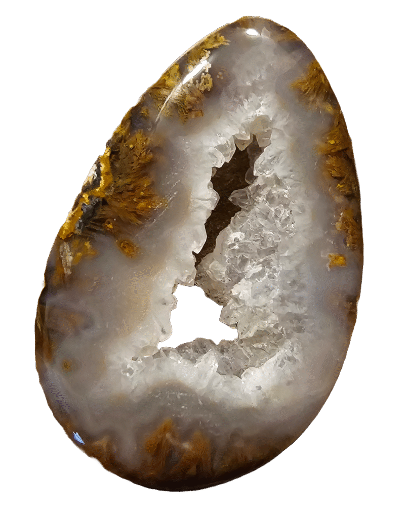 A polished agate slice with a crystal centre